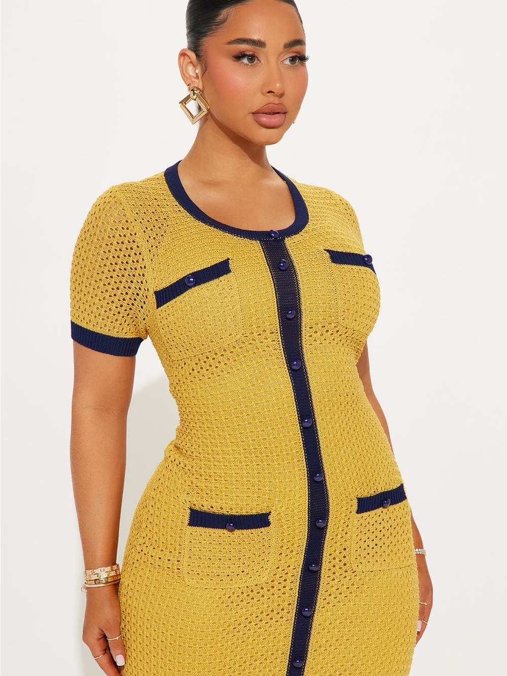 Fashion Nova Mustard Yellow Knit Dress with Navy Trim